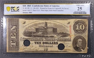 1863 $10 CSA CONFEDERATE NOTE Hole Punch Cancelled Fr# CS-429 PCGS VF 25 A5375 - Picture 1 of 2