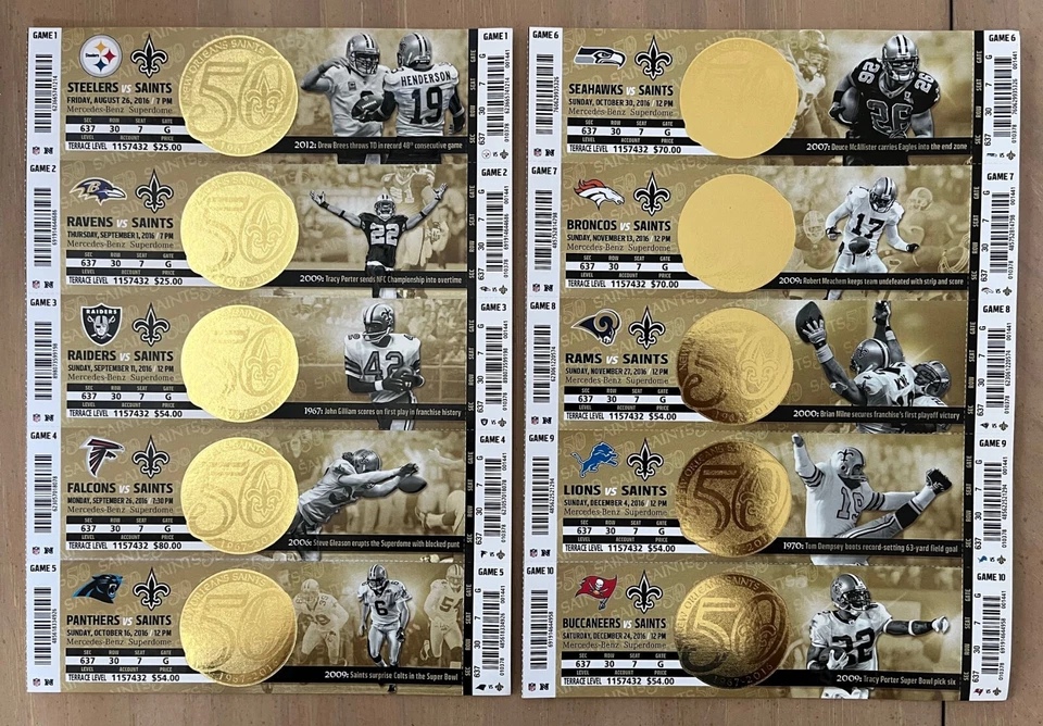 Boletos completos de Drew Brees 2016 New Orleans Saints vs Raiders Broncos Rams Seahawks Foto 1 de 1