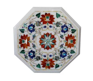 1'x1' White Marble Coffee Table Inlay Lapis Lazuli Decor Marquetry Furniture Art - Picture 1 of 4