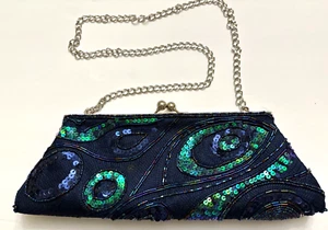 Beaded Sequin Clutch Shoulder Bag Purse Blue Green Silver Chain Strap Kiss Latch - Picture 1 of 5