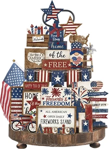 26 Pcs 4Th of July Patriotic Tiered Tray Decoration Independence Day USA Flag Wo - Picture 1 of 12