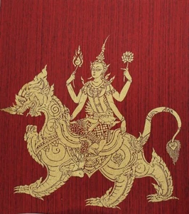 Thai Art Silk Goddess King Lion Figure Painting Poster Print Home Decor Handmad - Picture 1 of 4