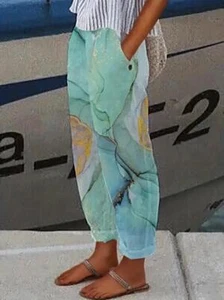 Fashion Women Green Graphic Print Dual Pockets Loose Pant Casual Comfy Clothing - Picture 1 of 4