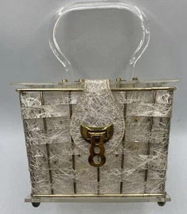 VTG Lucite Clear Handbag With woven Web/stars Strips around Brass Bar Cage - Picture 1 of 22