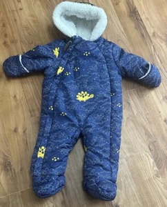 baby boys 3-6 month teddy soft lined pram suit blue with dinos on vgc mini baby - Picture 1 of 6