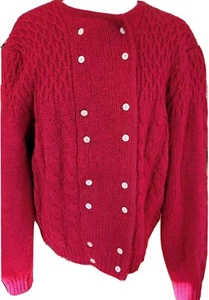 Vintage Womans Shetland Wool Sweater SZ LARGE Red Shell Buttons 1980'S Feminine  - Picture 1 of 12