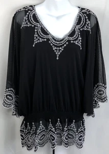 Alfani Peplum Top L Blk Smocked Layered Mesh Embroidery Dolman Sleeve Whimsigoth - Picture 1 of 6