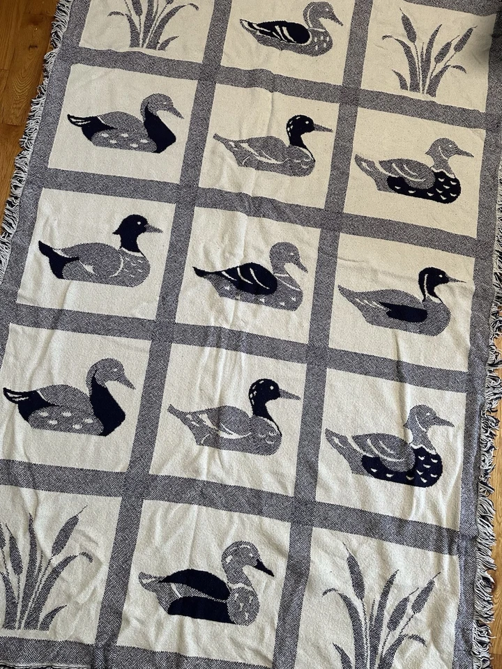 Manta de campo vintage azul blanco tejido tapiz de pato casa de campo núcleo 70x46 Foto 1 de 4