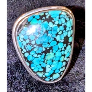 Womens 925 Sterling Silver Large Spiderweb Turquoise Stone Statement Ring Size 8 - Imagen 1 de 12