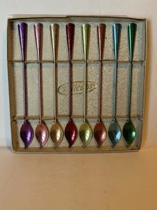 Set Of 8 Anodized Aluminum Iced Tea Spoons MCM Original Boxed Set 1950's - Picture 1 of 5