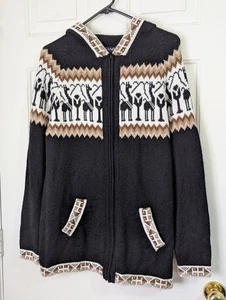 Gamboa Hoodie Sweater Alpaca Wool Womens Medium Black Tan Llama Andino Pocket - Picture 1 of 9