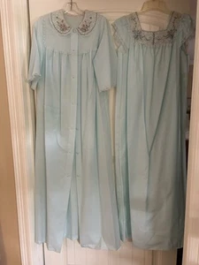 Vintage NEW NIGHTGOWN GOWN & ROBE PEIGNOIR SET Cotton/Poly Blue Sm 32/34 - Picture 1 of 10