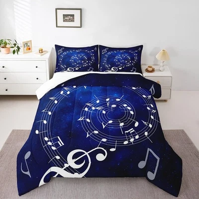 Conjunto de edredom tamanho completo redemoinho nota musical azul céu estrelado conjunto de cama para adultos... - Imagem 1 de 4