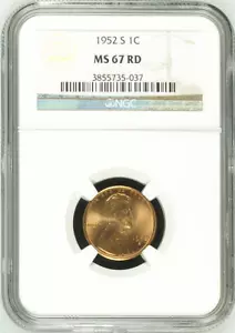 :1952-S 1C LINCOLN CENT KEY DATE NGC MS67RD SHINING RED RARITY R3 HIGHEST GRADES - Picture 1 of 2