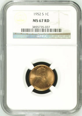 :1952-S 1C LINCOLN CENT KEY DATE NGC MS67RD SHINING RED RARITY R3 HIGHEST GRADES - Image 1 of 2