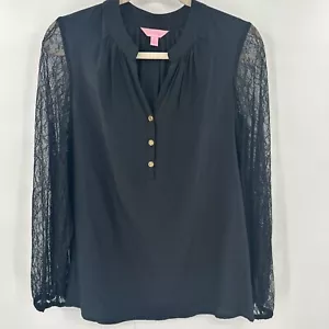 Lilly Pulitzer 100% Silk Black Lace Henely Blouse Size Small - Picture 1 of 4