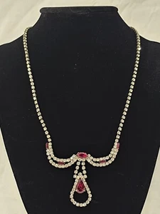 Vintage Silver Tone 17" Ruby Red And Clear Rhinestone Sparkle Choker Necklace - Picture 1 of 12