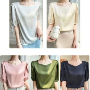 Lady Satin Faux Silk Shirt Top Blouse Short Sleeve Tee Casual Summer Fashion New - Bild 1 von 12
