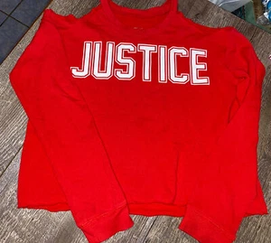 Justice sz 14/16 Red White Logo cold shoulder sweatshirt guc - Picture 1 of 5