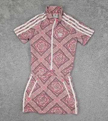 Adidas Girls Dress Small 9-10 Pink Stained Glass Trefoil Logo Outfit Zip Pockets - Image 1 of 4