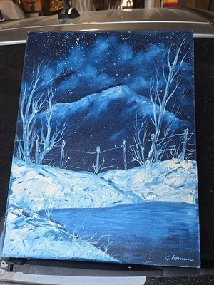 Pintura en lienzo de colección firmada azul noche de invierno Navidad imagen de nieve arte de pared decoración Foto 1 de 4