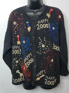 VTG Tiara International "Happy 2000" Black Cardigan Sweater 4th Of July Sz XL - Picture 1 of 13