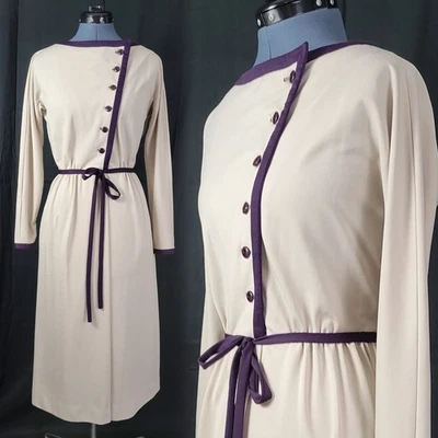 复古 Applause 米色连衣裙,带深紫色口音和不对称紧身衣,尺寸 10 — 第 1/4 张图片