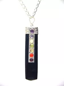 ABER Schwarzer Turmalin Kristall Anhänger mit 7 Chakra Edelsteinen Halskette 2113K - Bild 1 von 7