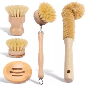Kitchen Dish Bamboo Brush Washing Up Cleaning Brushes Pot Sink Scrubber Set⇕ - Picture 1 of 10