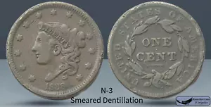 1838 N-3, Matron Head Large Cent, Smeared Dentillation, Fine Details Dings C7992 - Picture 1 of 1