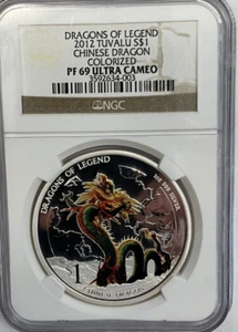 2012 "Dragons of Legend" Tuvalu S$1 Chinese Dragon, Colorized NGC PF 69 UC, COA - Picture 1 of 5