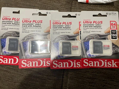 4 X Sandisk Ultra Plus MircoSDXC UHS-I Card with Adapter 64GB 130 MB/s - Image 1 of 4