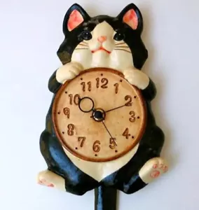 Japanese Lucky cat Manekineko Wall Pendulum Clock Black White Pottery Seto ware - Picture 1 of 10
