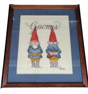 Vintage Cross-Stitch Needlepoint Gnomes Framed 80s 1984 Rare Art Cottage Core - Picture 1 of 12