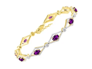RYLOS Tennis Bracelet, 6x4mm Gemstones & Diamonds, Gold Plated Silver, 7-8". - Picture 1 of 30