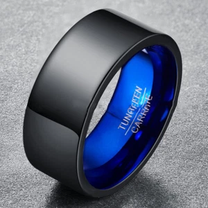 Black Tungsten Carbide Wedding Band for Men 10MM Biker Jewelry Ring Blue Inside - Picture 1 of 4