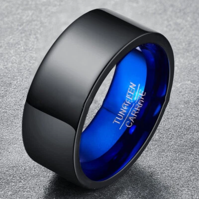 Black Tungsten Carbide Wedding Band for Men 10MM Biker Jewelry Ring Blue Inside - Image 1 of 4