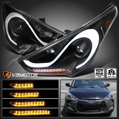 Black Fits 2012-2017 Hyundai Veloster Projector Headlights LED Sequential Signal Foto 1 de 4