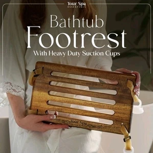 Wooden Bathtub Foot Rest - Portable Bathroom Footrest With Heavy Duty Suction - Picture 1 of 4