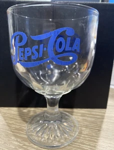 Vintage 70s Pepsi Cola 6" Dimpled Glass Footed Goblet Blue Lettering Thick Heavy - Picture 1 of 5