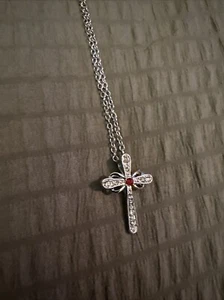 Gorgeous Silver Plated Ruby Stone With White Zircon Stones Cross Necklace - Picture 1 of 8