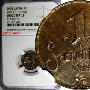 LATVIA Bronze 1928 1 Santims NGC UNC DET. KEY DATE SCARCE KM# 1 (025) - Picture 1 of 4