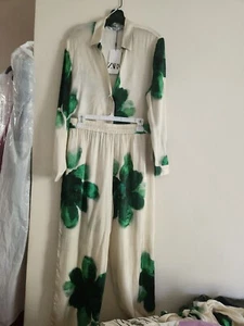 ZARA Collection Co-ord Set Flowy Shirt & pajama Pants Floral Ecru/green Sz L NWt - Picture 1 of 11