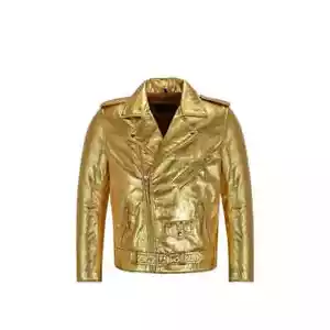 Men's Brando Gold Faux Leather Jacket Biker Racer Jacket For Men 001 - Picture 1 of 4