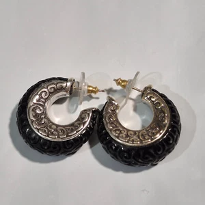 Brighton Earrings Silver Black 3/4 Hoop Pierced Pave Crystal - Picture 1 of 5