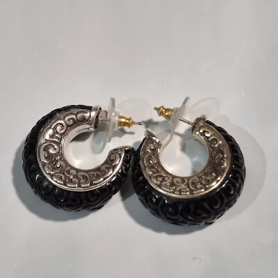 Brighton Earrings Silver Black 3/4 Hoop Pierced Pave Crystal - Image 1 of 4