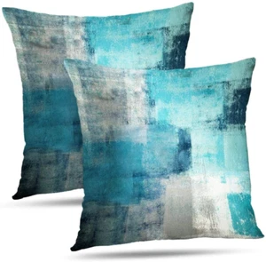 Set of 2 Turquoise and Grey Art Artwork Contemporary Throw Pillow Covers - Picture 1 of 6