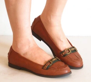 New Women Flat Loafer Slip-On Shoes Buckle Fringe Brown Chestnut Bamboo 6 7 8 9 - Picture 1 of 2
