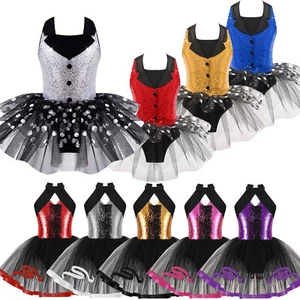Kids Sequins Straps Back Glitter Leotard Tutu Dress Ballet Jazz Latin Dancewear - Picture 1 of 67
