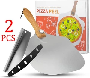 Aluminum Pizza Peel 12 x 14 inch with Foldable Wood Handle & Pizza Cutter Rocker - Picture 1 of 7